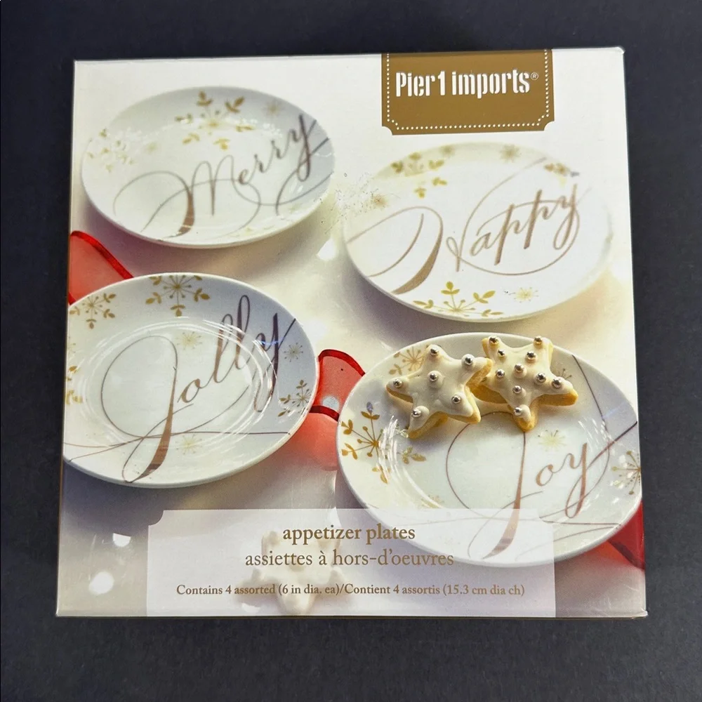 Pier 1 Festive Script Plates - White and Gold Set of 4